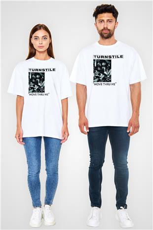 Turnstile Baskılı Beyaz Unisex Oversize Tişört - Tshirt