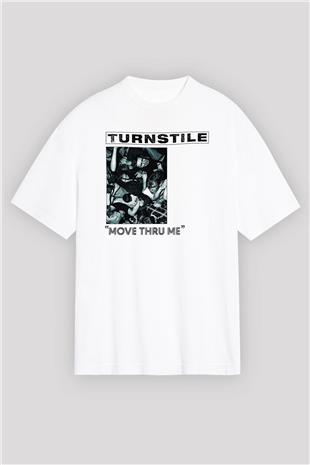 Turnstile Baskılı Beyaz Unisex Oversize Tişört - Tshirt