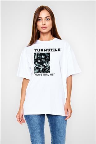 Turnstile Baskılı Beyaz Unisex Oversize Tişört - Tshirt