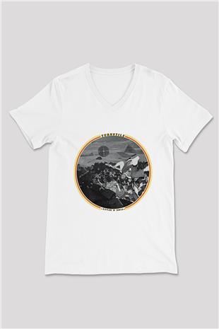 Turnstile Baskılı Beyaz Unisex V Yaka Tişört - Tshirt