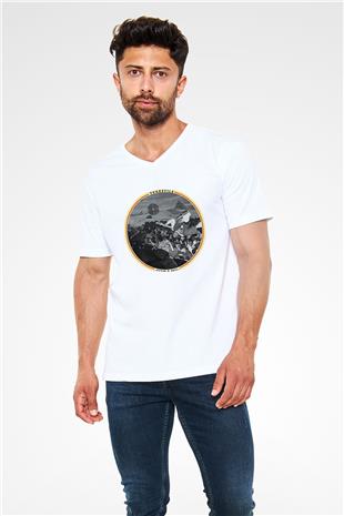 Turnstile Baskılı Beyaz Unisex V Yaka Tişört - Tshirt