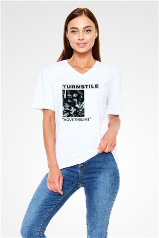 Turnstile Baskılı Beyaz Unisex V Yaka Tişört - Tshirt
