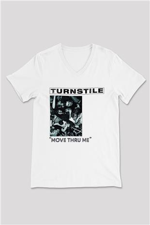 Turnstile Baskılı Beyaz Unisex V Yaka Tişört - Tshirt