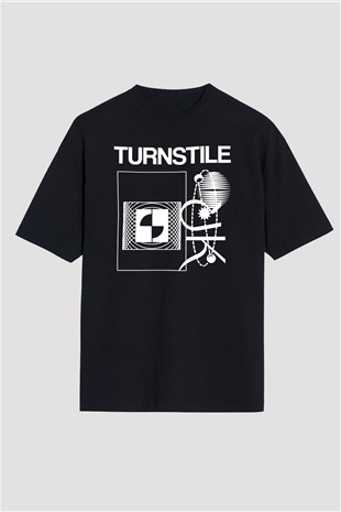 Turnstile Baskılı Unisex Siyah Oversize Tişört - Tshirt