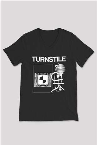 Turnstile Baskılı Unisex Siyah V Yaka Tişört - Tshirt