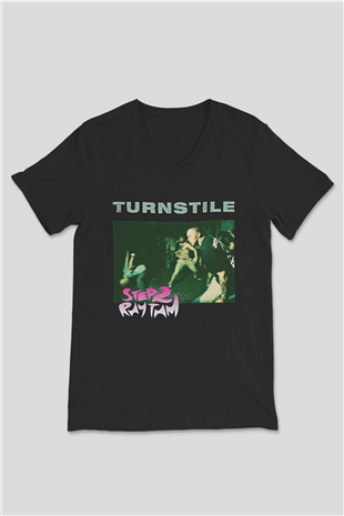 Turnstile Baskılı Unisex Siyah V Yaka Tişört - Tshirt