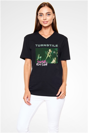 Turnstile Baskılı Unisex Siyah V Yaka Tişört - Tshirt