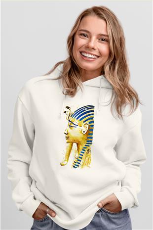 Tutankhamun Baskılı Beyaz Unisex Hoodie