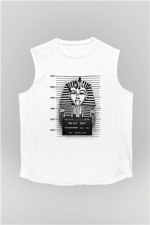 Tutankhamun Baskılı Beyaz Unisex Kolsuz Tişört - Tshirt