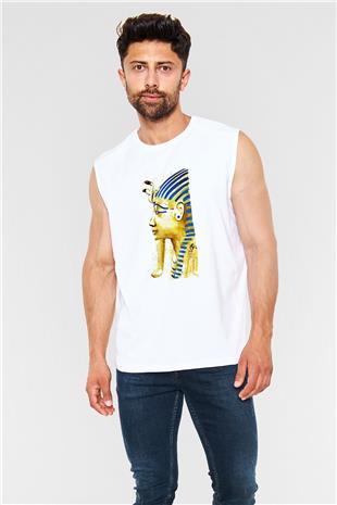 Tutankhamun Baskılı Beyaz Unisex Kolsuz Tişört - Tshirt