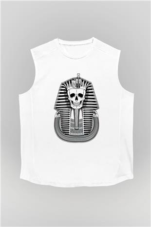 Tutankhamun Baskılı Beyaz Unisex Kolsuz Tişört - Tshirt