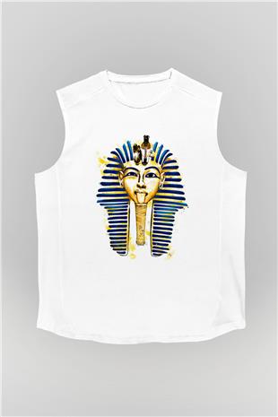 Tutankhamun Baskılı Beyaz Unisex Kolsuz Tişört - Tshirt