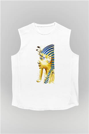 Tutankhamun Baskılı Beyaz Unisex Kolsuz Tişört - Tshirt
