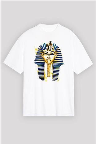 Tutankhamun Baskılı Beyaz Unisex Oversize Tişört - Tshirt