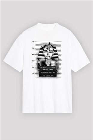 Tutankhamun Baskılı Beyaz Unisex Oversize Tişört - Tshirt