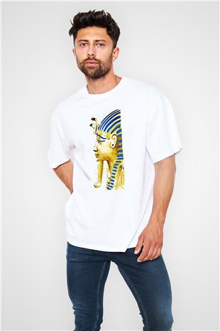 Tutankhamun Baskılı Beyaz Unisex Oversize Tişört - Tshirt