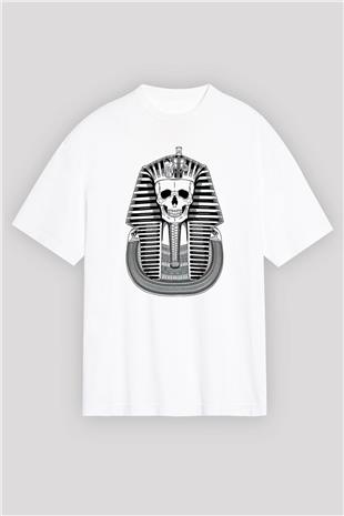 Tutankhamun Baskılı Beyaz Unisex Oversize Tişört - Tshirt