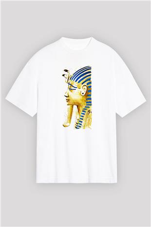 Tutankhamun Baskılı Beyaz Unisex Oversize Tişört - Tshirt