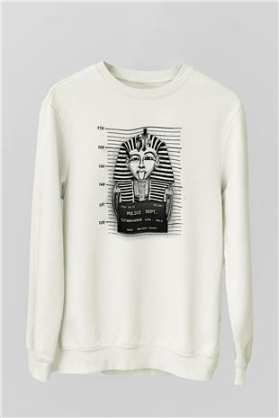 Tutankhamun Baskılı Beyaz Unisex Sweatshirt