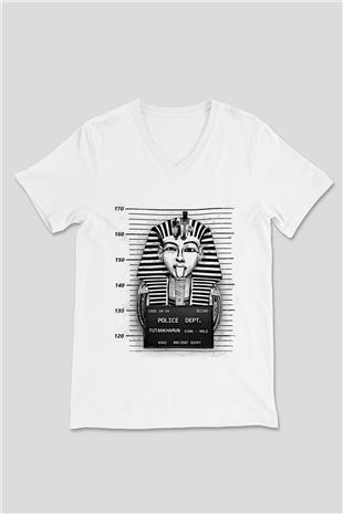 Tutankhamun Baskılı Beyaz Unisex V Yaka Tişört - Tshirt