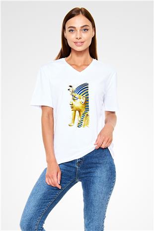 Tutankhamun Baskılı Beyaz Unisex V Yaka Tişört - Tshirt