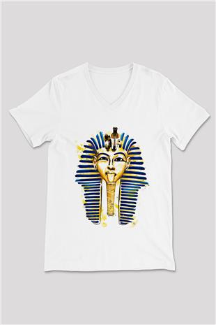 Tutankhamun Baskılı Beyaz Unisex V Yaka Tişört - Tshirt