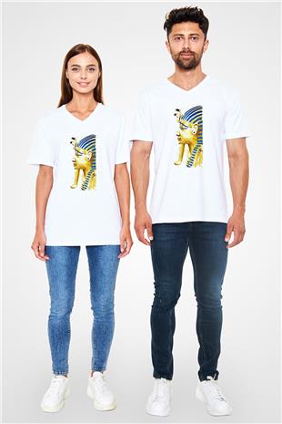 Tutankhamun Baskılı Beyaz Unisex V Yaka Tişört - Tshirt