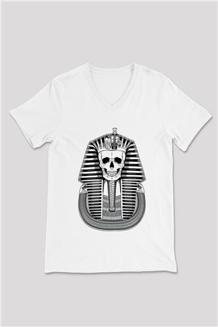 Tutankhamun Baskılı Beyaz Unisex V Yaka Tişört - Tshirt