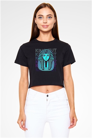 Tutankhamun Baskılı Siyah Crop Top Kadın Tişört - Tshirt
