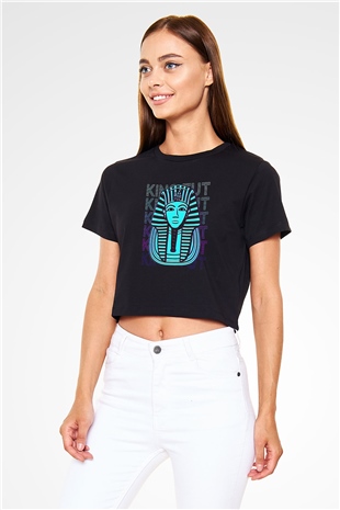 Tutankhamun Baskılı Siyah Crop Top Kadın Tişört - Tshirt