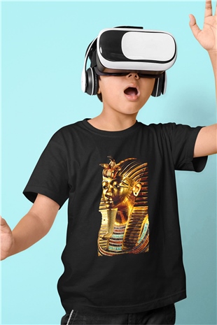 Tutankhamun Baskılı Unisex Siyah Çocuk Tişört - Tshirt