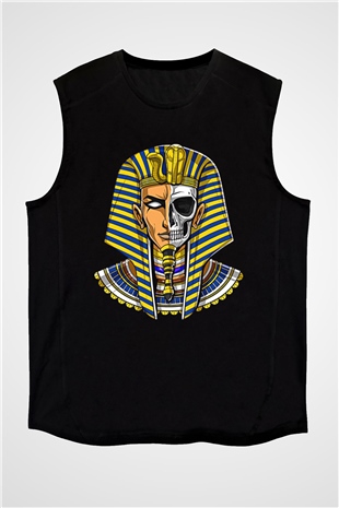Tutankhamun Baskılı Unisex Siyah Kolsuz Tişört - Tshirt