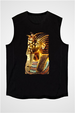 Tutankhamun Baskılı Unisex Siyah Kolsuz Tişört - Tshirt