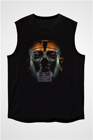 Tutankhamun Baskılı Unisex Siyah Kolsuz Tişört - Tshirt