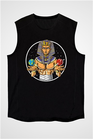 Tutankhamun Baskılı Unisex Siyah Kolsuz Tişört - Tshirt