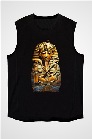 Tutankhamun Baskılı Unisex Siyah Kolsuz Tişört - Tshirt
