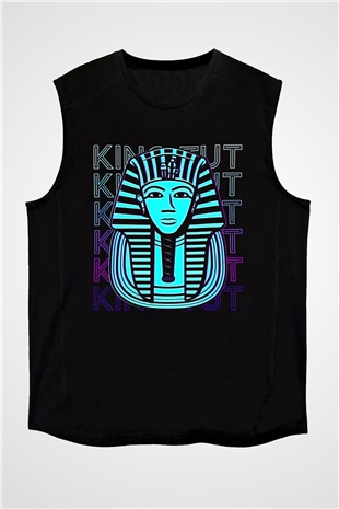 Tutankhamun Baskılı Unisex Siyah Kolsuz Tişört - Tshirt