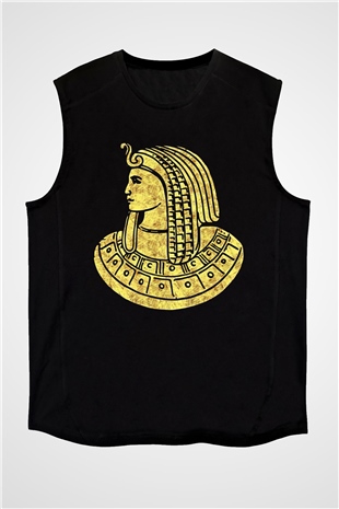 Tutankhamun Baskılı Unisex Siyah Kolsuz Tişört - Tshirt