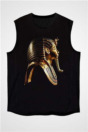 Tutankhamun Baskılı Unisex Siyah Kolsuz Tişört - Tshirt