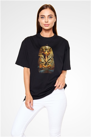Tutankhamun Baskılı Unisex Siyah Oversize Tişört - Tshirt