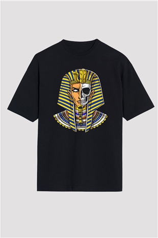 Tutankhamun Baskılı Unisex Siyah Oversize Tişört - Tshirt