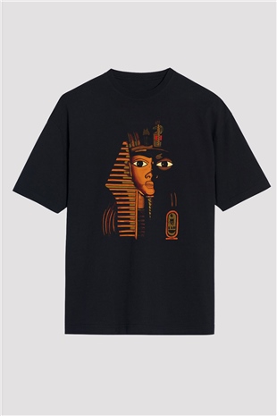 Tutankhamun Baskılı Unisex Siyah Oversize Tişört - Tshirt