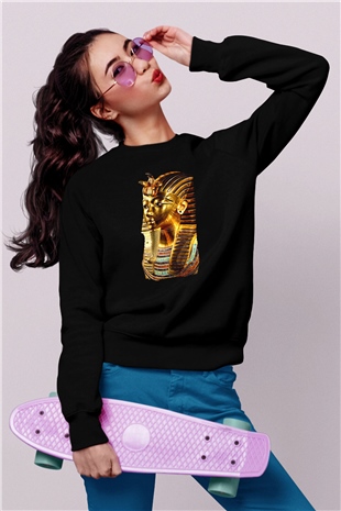 Tutankhamun Baskılı Unisex Siyah Sweatshirt