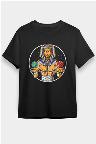 Tutankhamun Baskılı Unisex Siyah Tişört - Tshirt