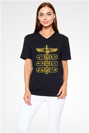 Tutankhamun Baskılı Unisex Siyah V Yaka Tişört - Tshirt