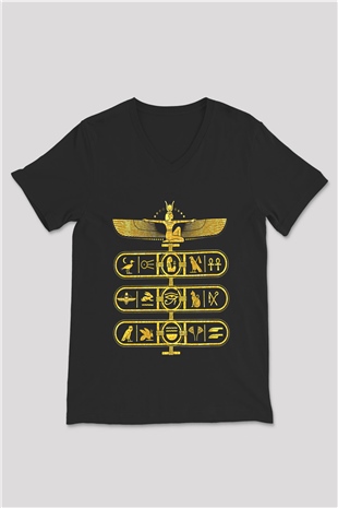 Tutankhamun Baskılı Unisex Siyah V Yaka Tişört - Tshirt