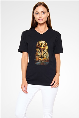 Tutankhamun Baskılı Unisex Siyah V Yaka Tişört - Tshirt
