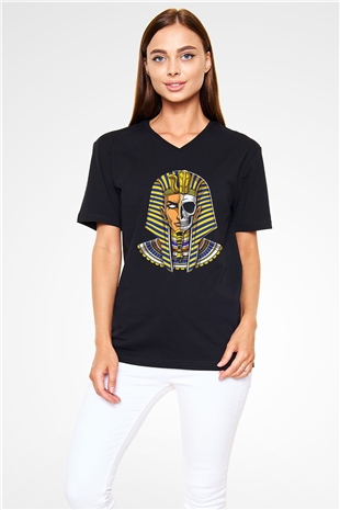 Tutankhamun Baskılı Unisex Siyah V Yaka Tişört - Tshirt