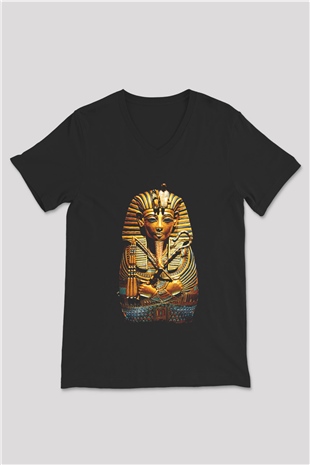 Tutankhamun Baskılı Unisex Siyah V Yaka Tişört - Tshirt