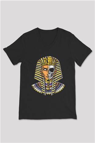 Tutankhamun Baskılı Unisex Siyah V Yaka Tişört - Tshirt